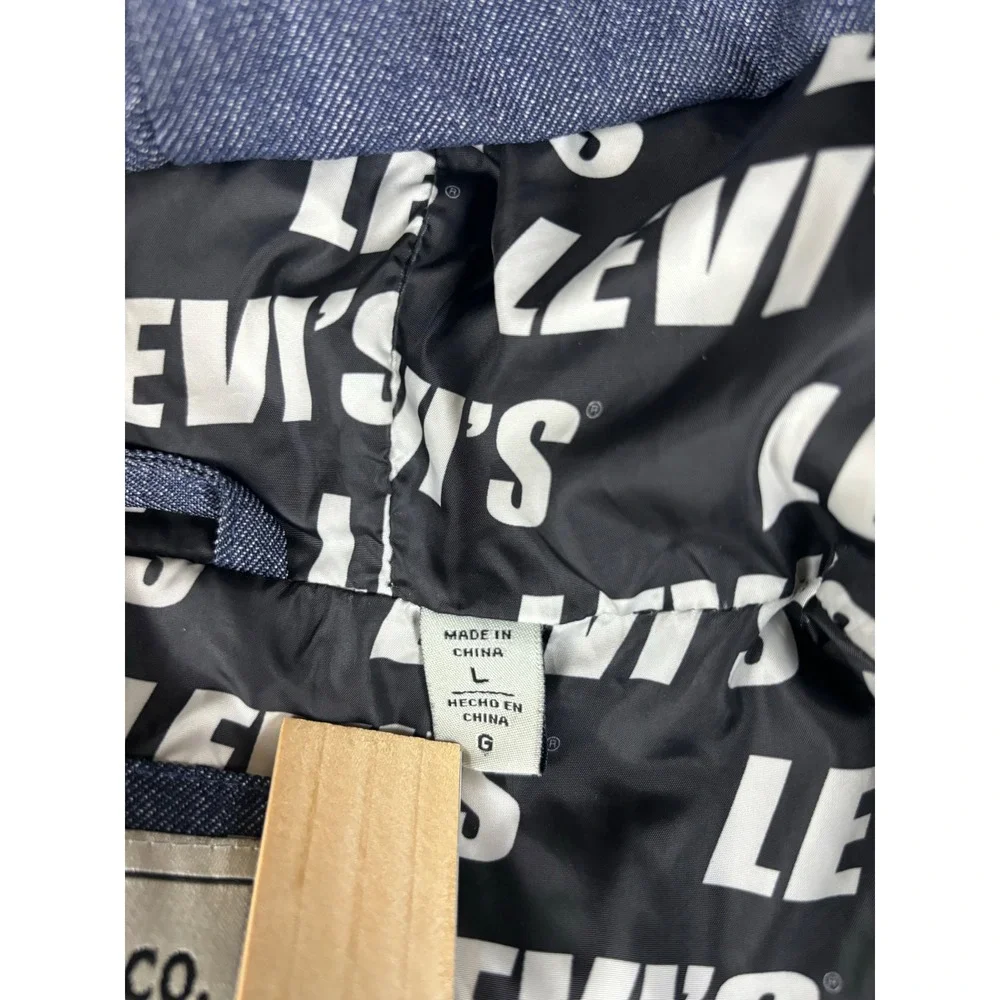 Levis Mens Hooded Puffer Jacket Blue Heathered Snap Front Insulated Coat‎ Large